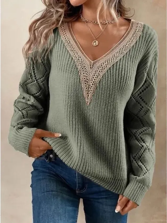 Women's Pullover Sweater Jumper Elegant Solid Color Ribbed V Neck Lace Long Sleeve Regular Tops Knit Daily Black White Spring Fall