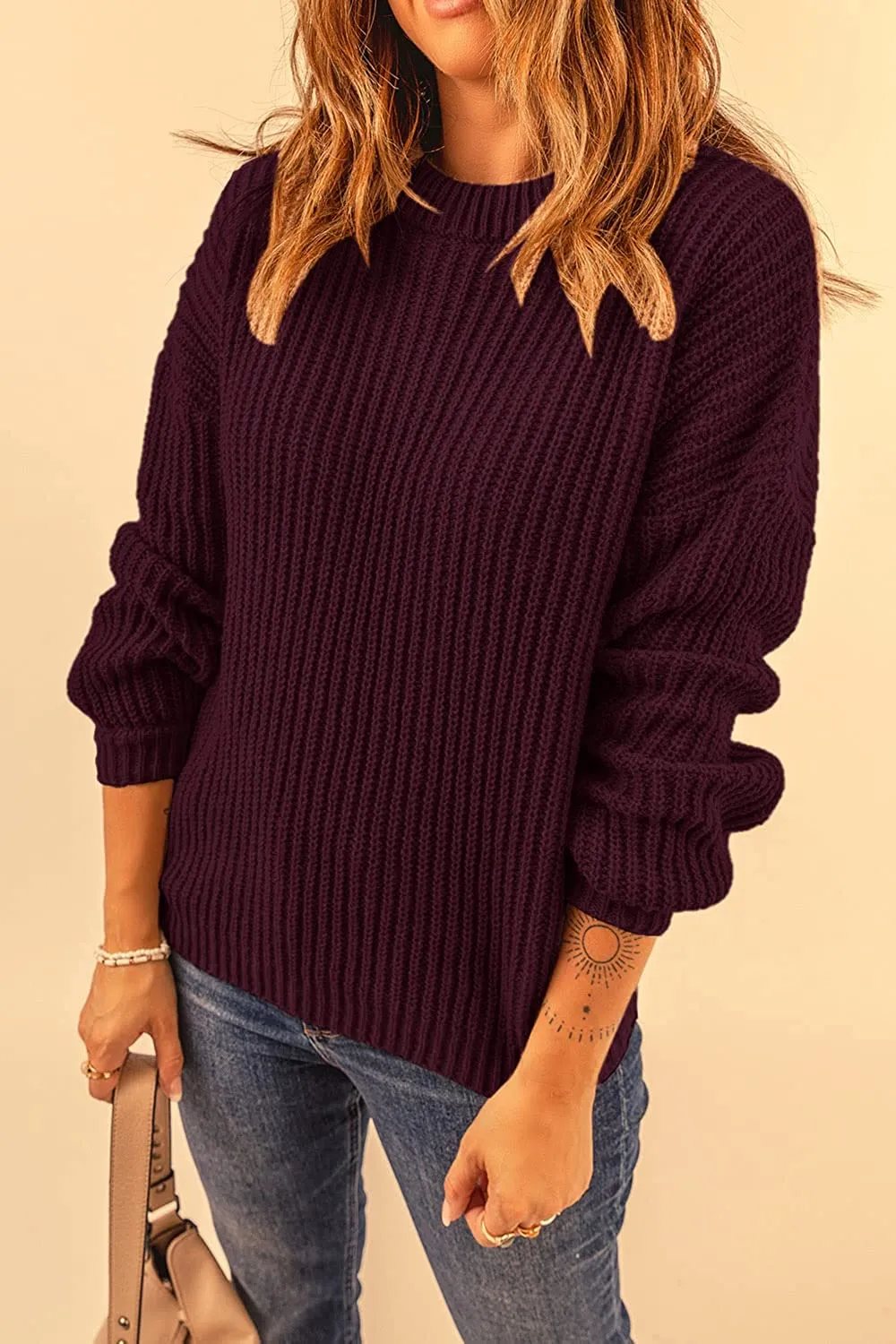 Women's Crew Neck Loose Drop Shoulder Lantern Sleeve Casual Solid Color Knit Pullover Sweater