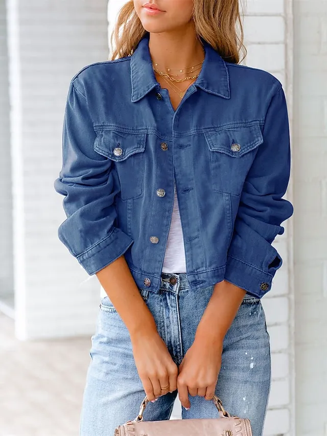 Women's Denim Jacket Outdoor Button Plain Breathable Fashion Regular Fit Outerwear Long Sleeve Fall Light Blue S