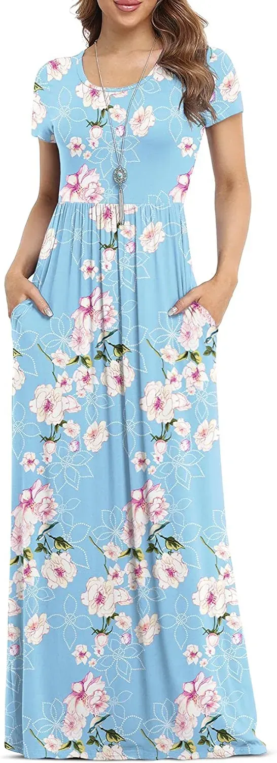 Women's Short Sleeve Loose Plain Maxi Dresses Casual Long Dresses with Pockets