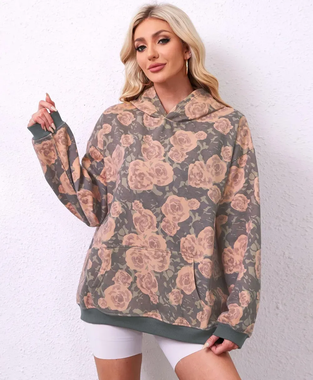 Womens Camo Hoodies Maple Leaf Print Oversized Hooded Sweatshirt Fleece Pullover Sweatshirts Long Sleeve with Pocket