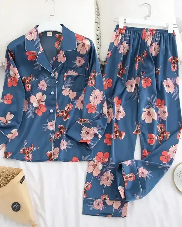 Long Sleeve Pajamas Ice Silk Printing Fashion Sleepwear Set