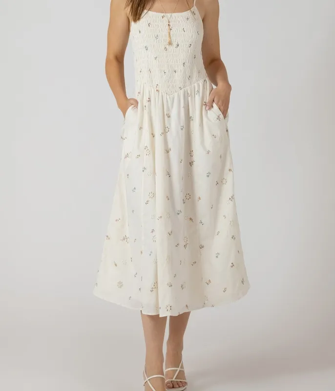 Smocked Front Sleeveless Midi Dress