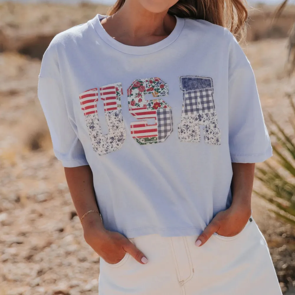 Women's Vintage The Floral Usa Patchwork Independence Day T-shirt