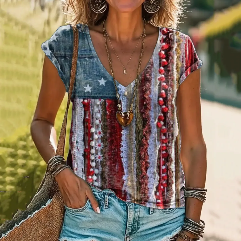 Women's Independence Day Flag Print T-shirt