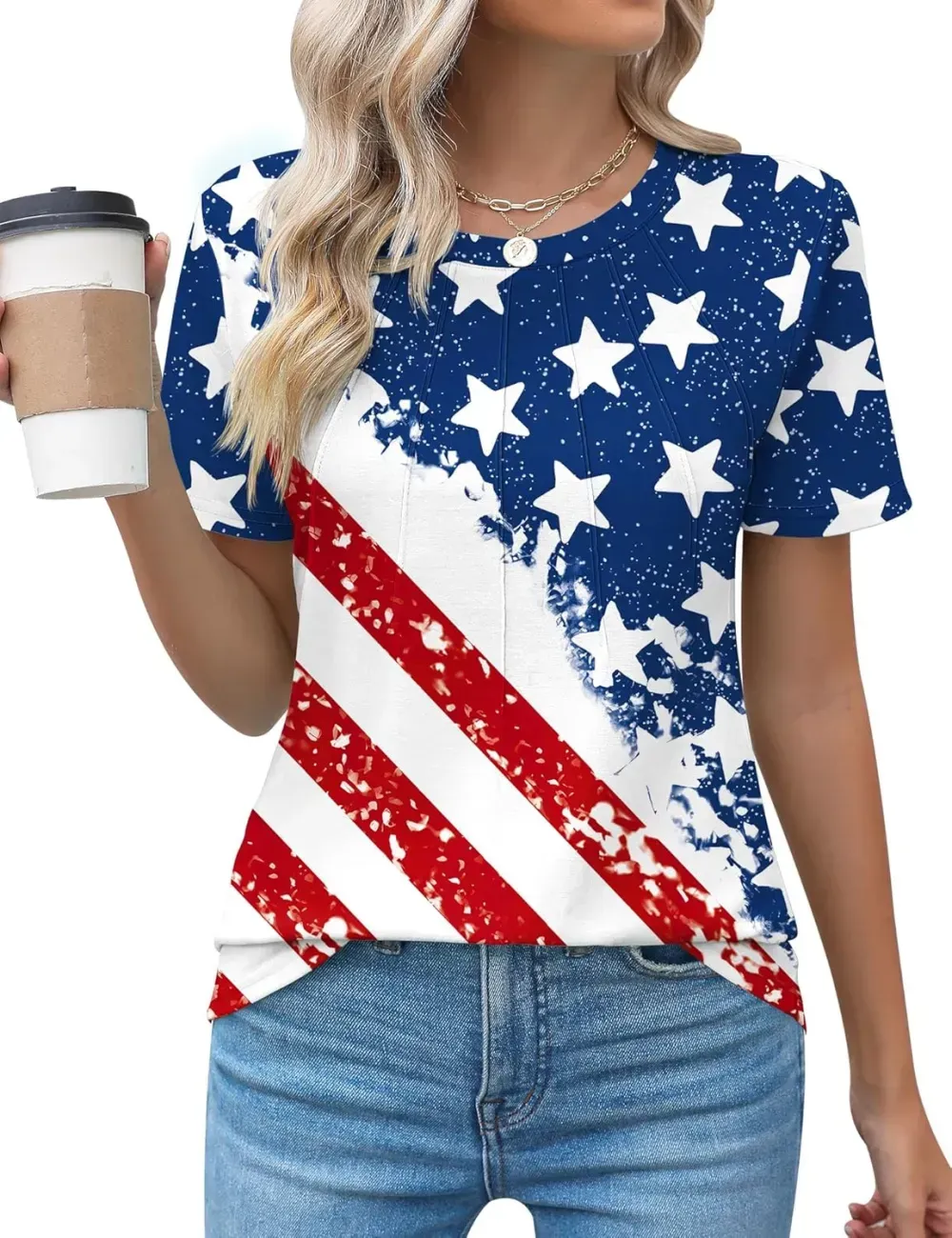 Kistore Womens Casual Crew Neck Short Sleeve Pleated Tops Blouses Fashion Clothes 2024