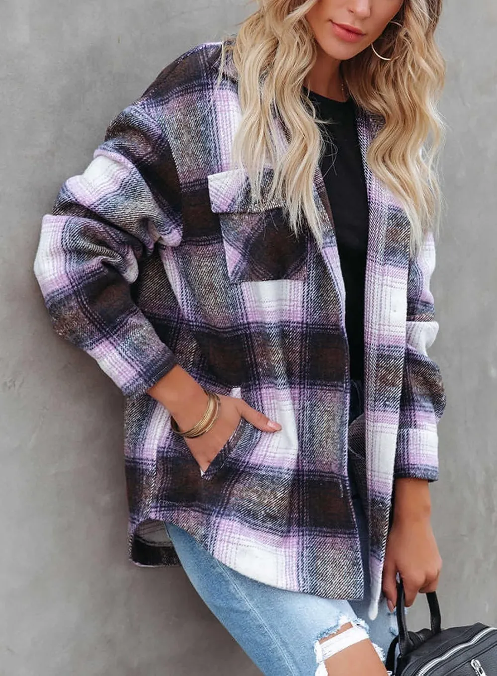 Women's Flannel Plaid Shacket Long Sleeve Button Down Chest Pocketed Shirts Jacket Coats