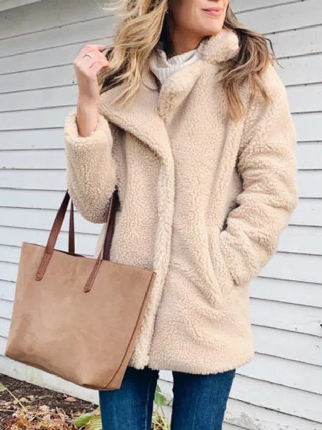 Casual Plain Pockets Teddy Jacket