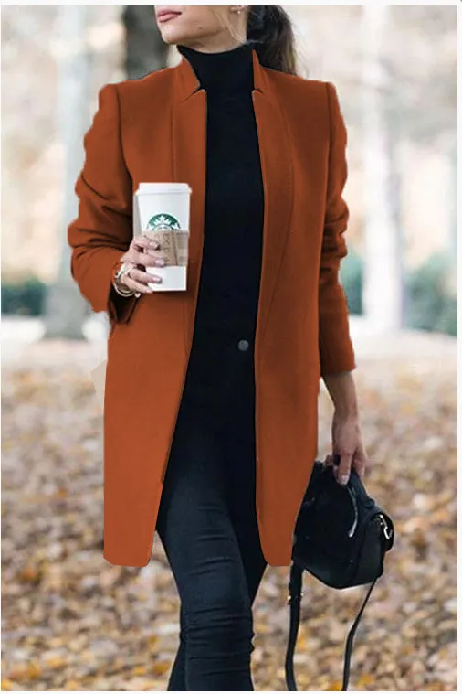 Solid standing collar slim long faux woolen coat