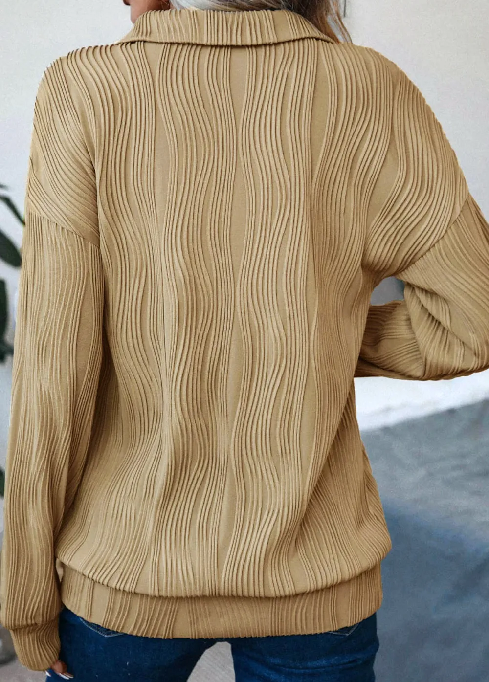 Light Camel Zipper Long Sleeve Turn Down Collar Sweatshirt