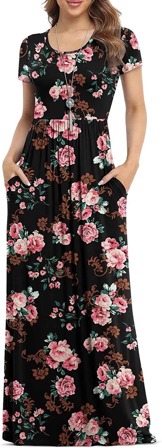 Women's Short Sleeve Loose Plain Maxi Dresses Casual Long Dresses with Pockets