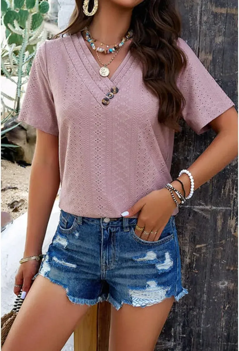 Women's Buttoned V Neck Hollow Short Sleeved T Shirt Summer Casual Fashion Solid Color Tees Tops