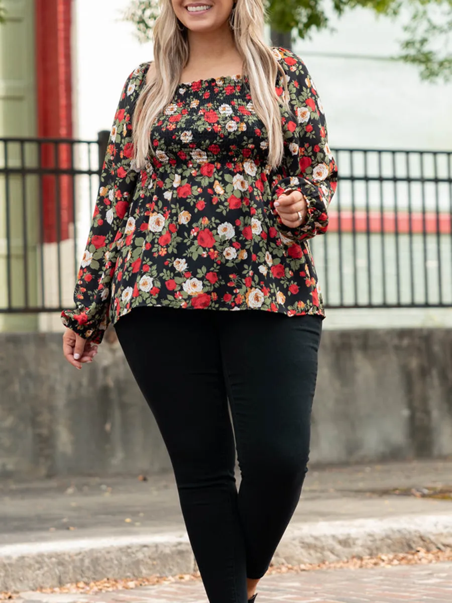 三个分类-Flower pattern pleated square neck lantern sleeve shirt