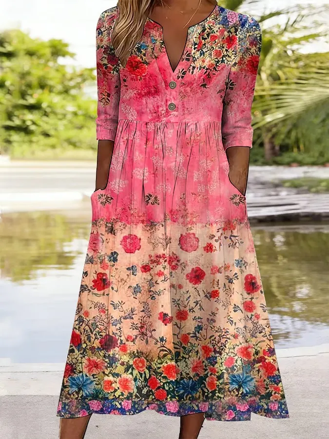 Women's Casual Cotton And Linen Floral Dress
