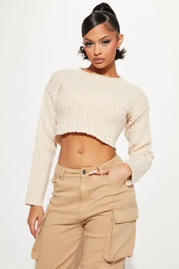 Caught Up Cropped Cable Knit Sweater - Oatmeal