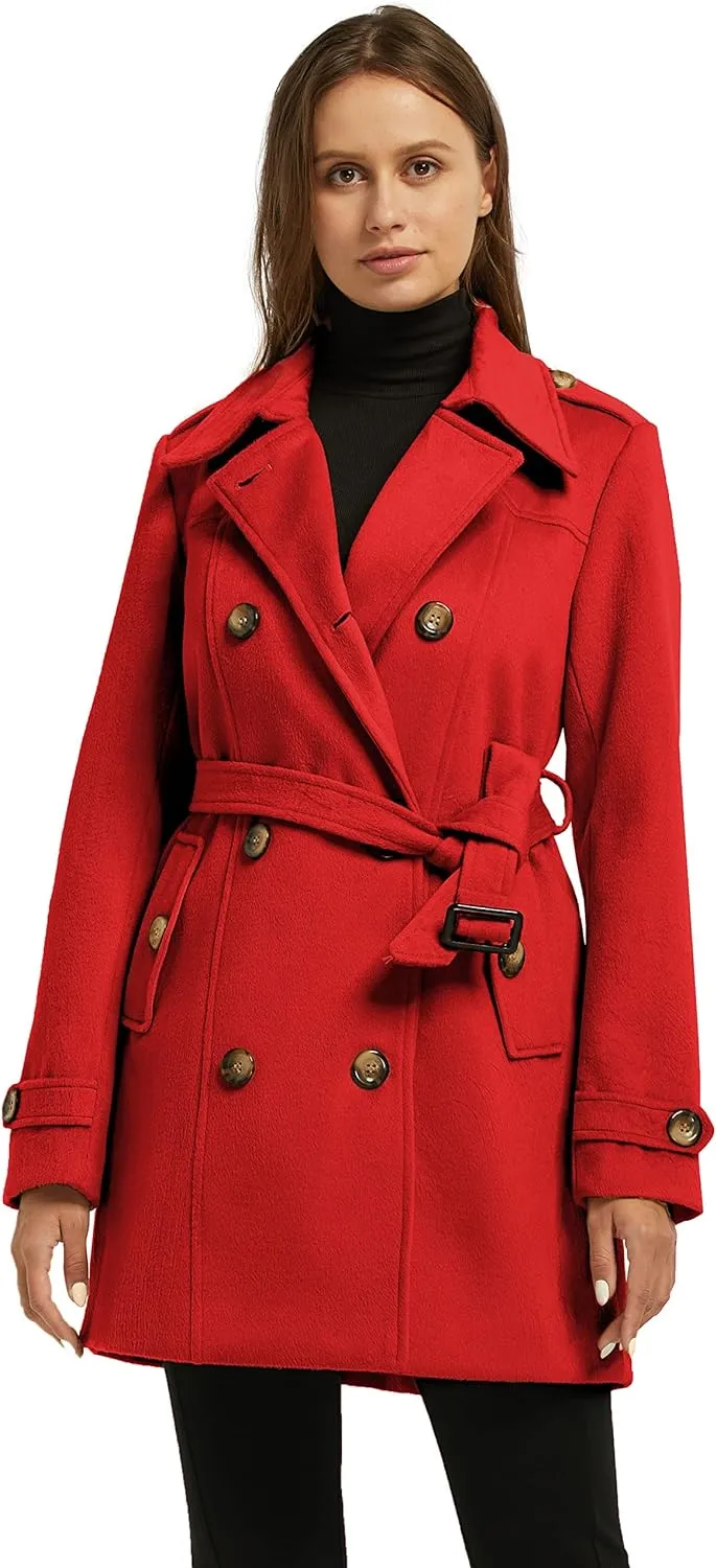 Women's Double Breasted Pea Coat Winter Mid-Long Trench Coat with Belt
