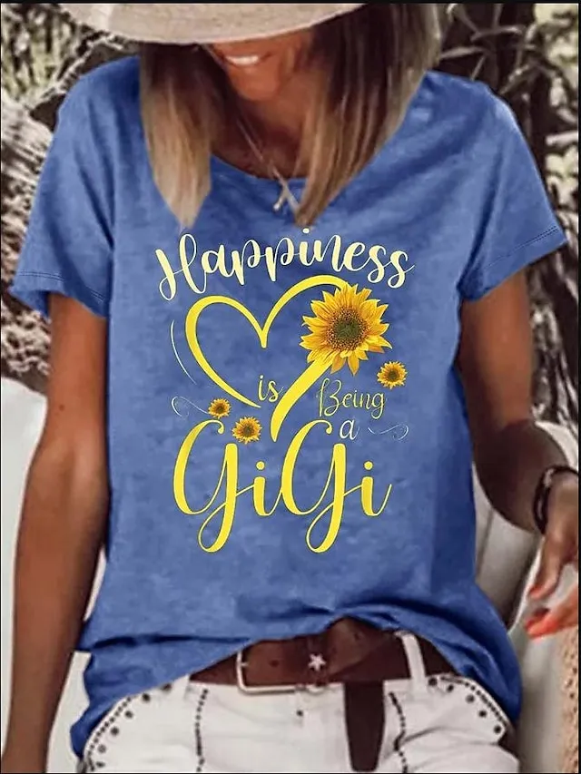 Women's T shirt Tee Black Pink Blue Leopard Heart Print Short Sleeve Holiday Weekend Basic Round Neck Regular Floral Painting S