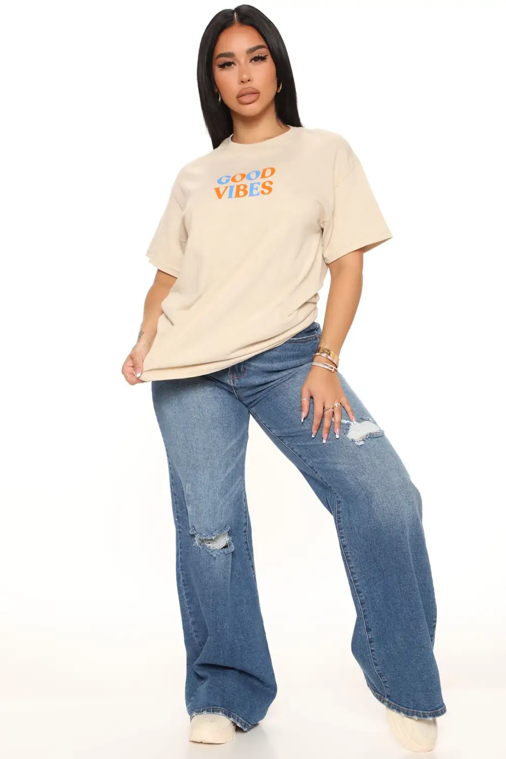 Good Vibes Smiley Face Tee - Nude