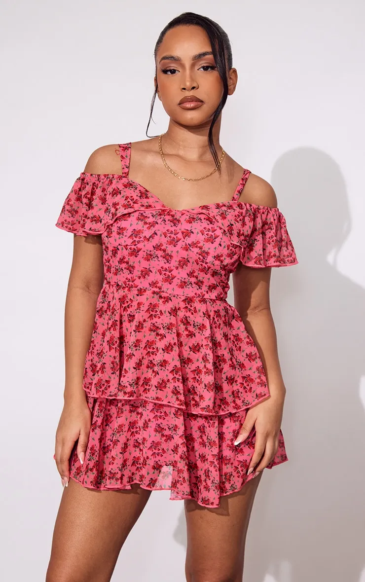 Petite Blue Chiffon Print Frilled Mini Dress