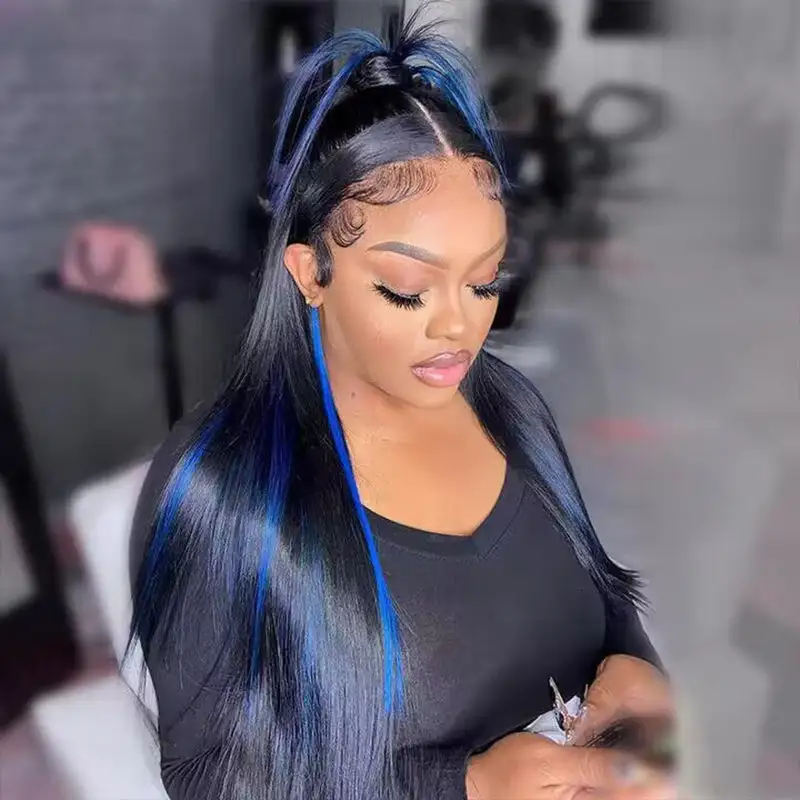 Flash Sale | Sterly Blue Highlight With Black Hair Roots 13x6 Full Lace Human Hair Wigs