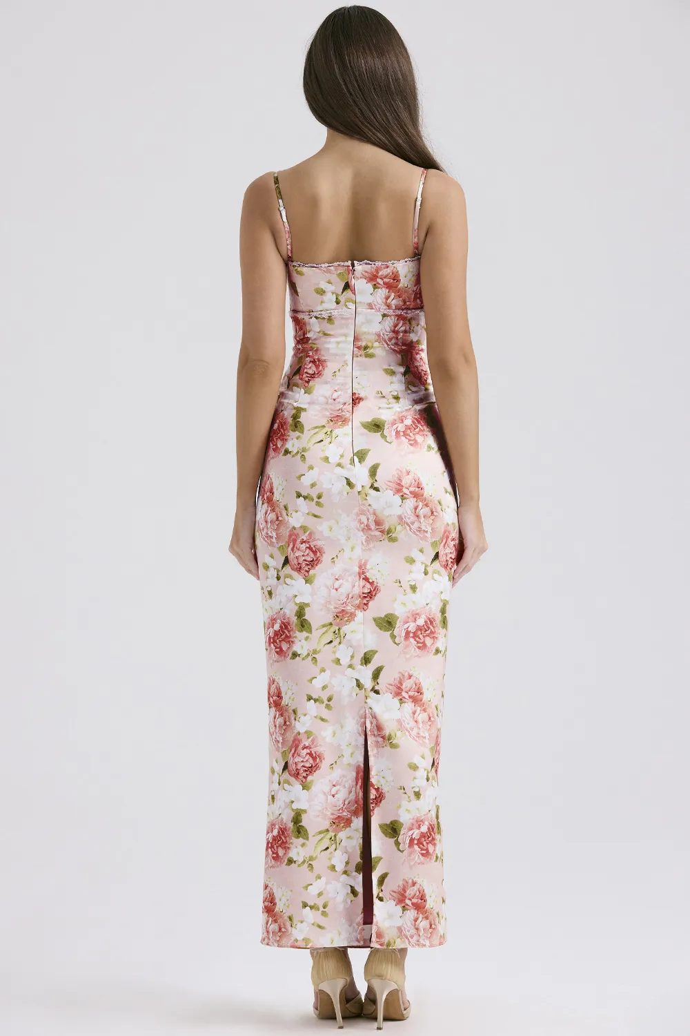 PINK PEONY PRINT SATIN MAXI DRESS