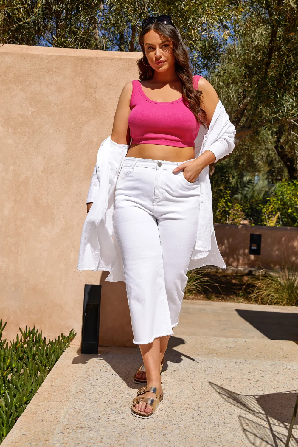 YOURS Curve White Stretch Wide Leg Cropped Jeans