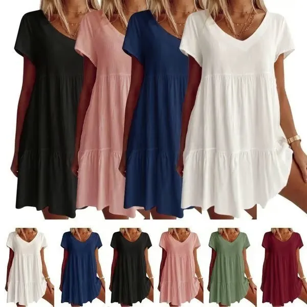 Plus Size Cotton-Blend V Neck Casual Short Sleeve Weaving Dress