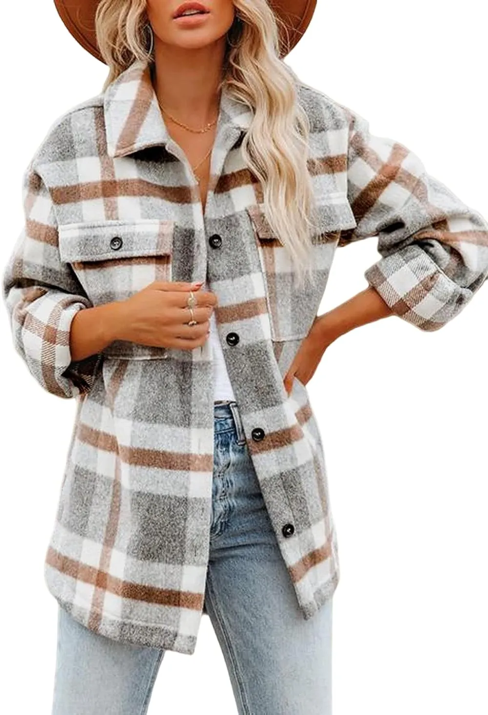 Women's Flannel Plaid Shacket Long Sleeve Button Down Chest Pocketed Shirts Jacket Coats