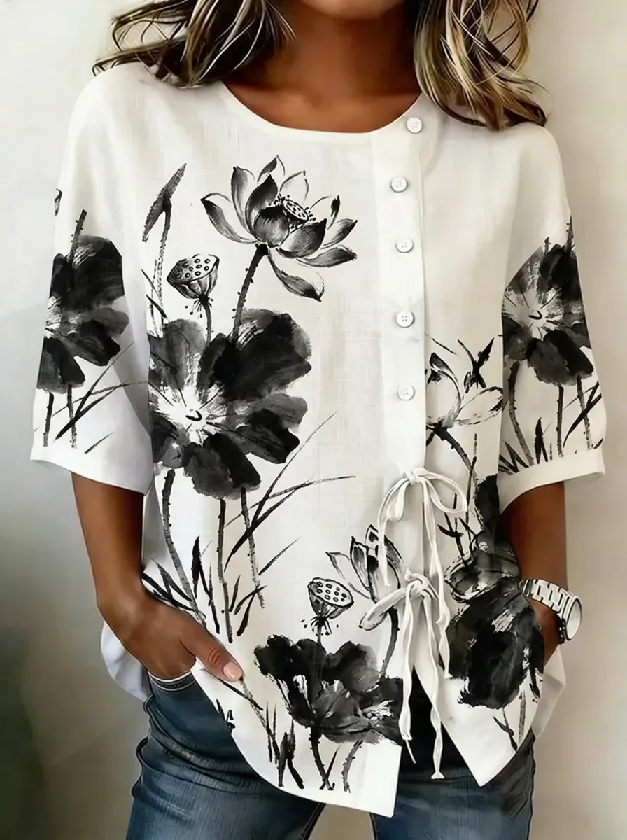 Women's Nashville Art Lotus Ink Wash Printed Button-up Top