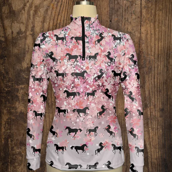 Four Seasons Women's Equestrian Style Horse Print Long Sleeve Casual Shirt