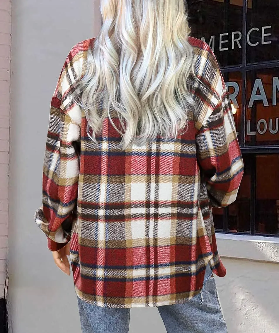 Women's Flannel Plaid Shacket Long Sleeve Button Down Chest Pocketed Shirts Jacket Coats
