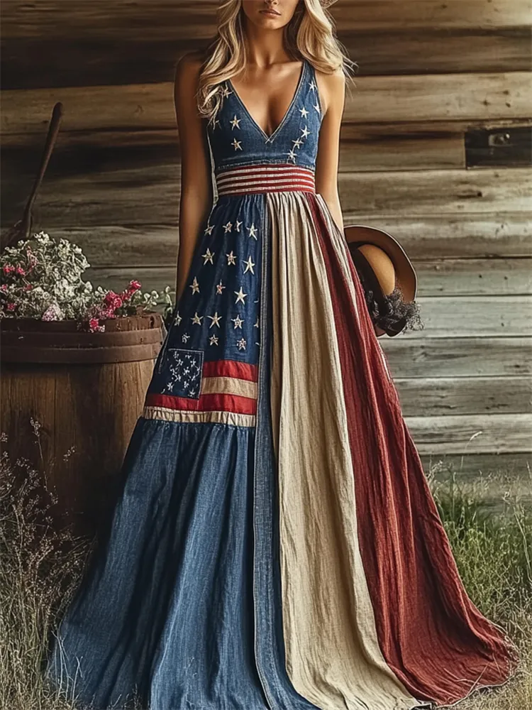 American Sweetheart Flag Denim Contrast Maxi Dress