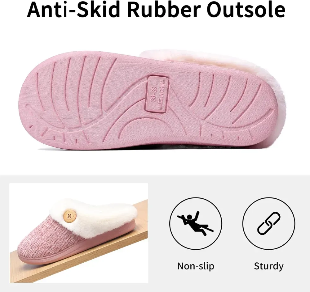 Warm Knit House Slippers for Women Comfy Wool-Like Lined Chenille Slippers with Memory Foam and Indoor Outdoor Soles