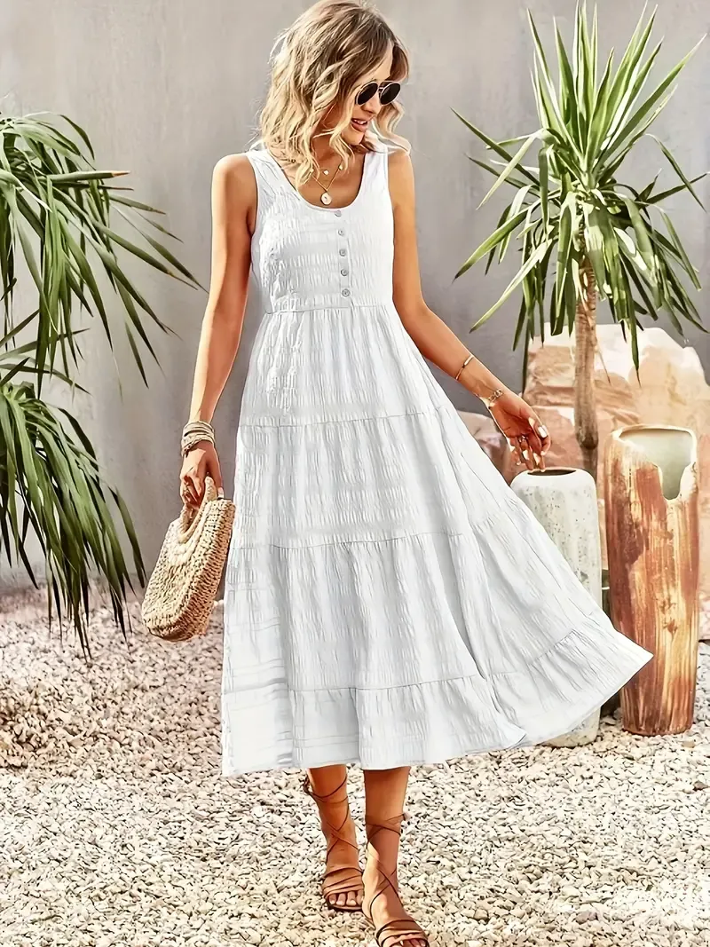 Women's Sleeveless U-Neck Maxi Dress - Solid White, Ruffled Hem, Button Detail, Polyester, Spring/Summer Casual Wear