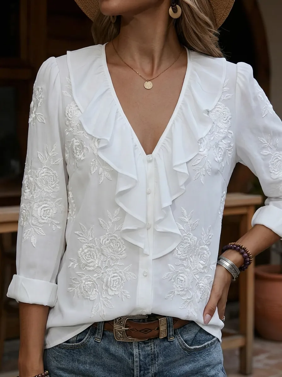 Women's Nashville Floral Embroidery Ruffle V-Neck Printed Blouse