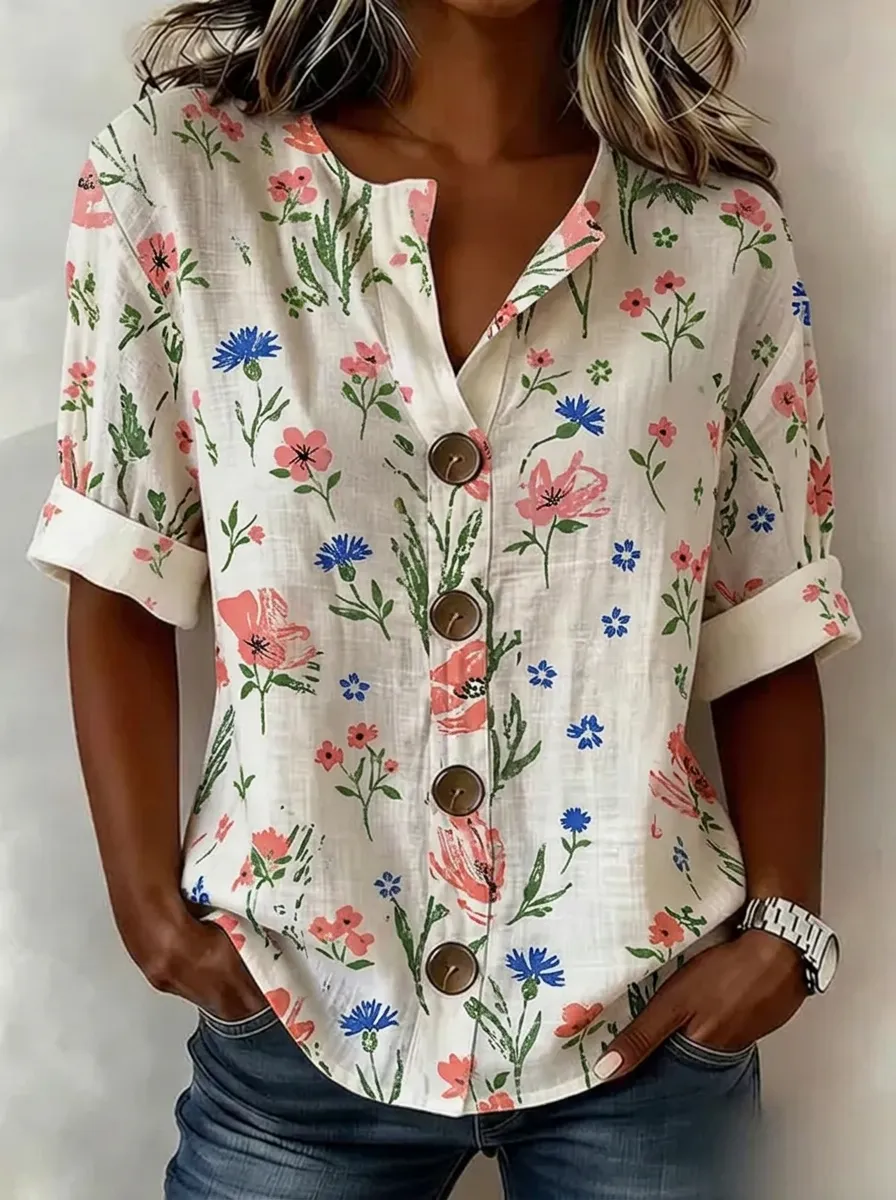 Women's Nashville Floral Botanical Printed Button-Down Shirt