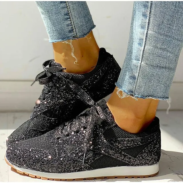 Women's Trainers Athletic Shoes Sneakers Sequins Plus Size Bling Bling Sneakers Outdoor Daily Summer Sequin Platform Flat Heel Round Toe Sporty Classic Casual Tennis Shoes Walking Mesh Lace-up Color