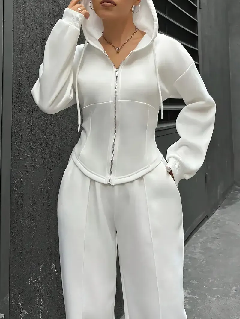 [All Seasons Polyester Hooded Tracksuit] Women'S Elegant Solid Color Polyester Hooded Tracksuit Set with Drawstring and Zipper Details – Knit Fabric Pantsuit for All Seasons