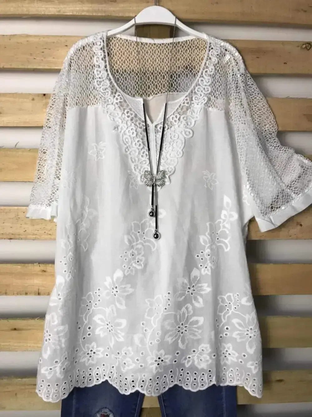 Woman Fashion Openwork Lace Shirt Tops Blouse