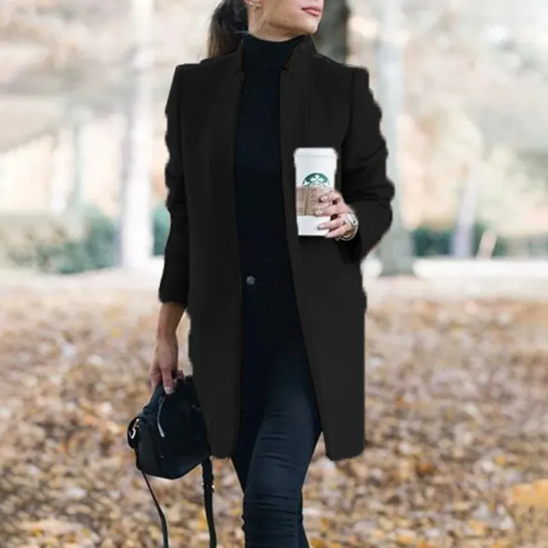 Casual Solid Color Stand Collar Long Coat