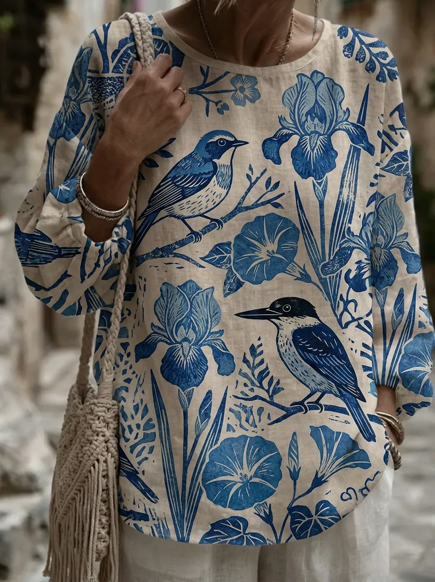 Women's Nashville Nature Lover Blue Bird Floral Printed Top