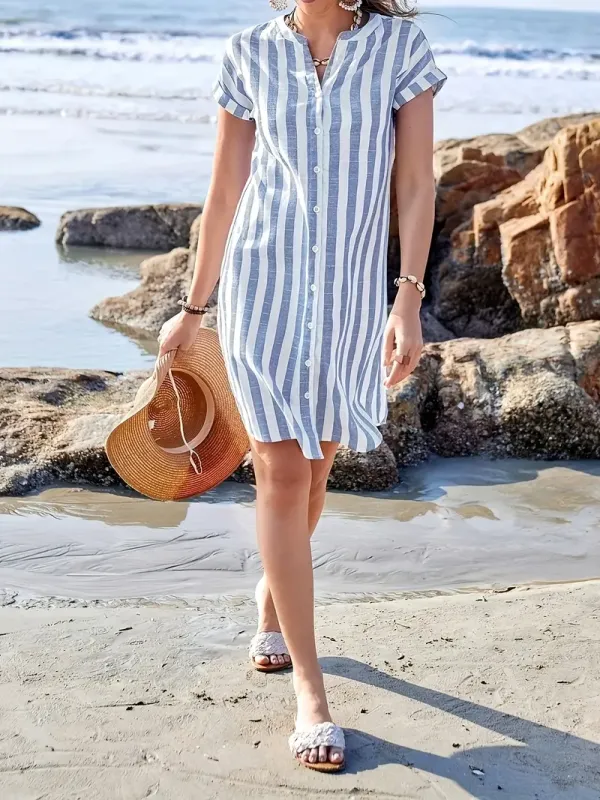 Elegant Women's Striped V-Neck Midi Dress - Casual Short Sleeve, Button Front, Lightweight Polyester, Perfect for Summer Beach Outings, Beach Dress