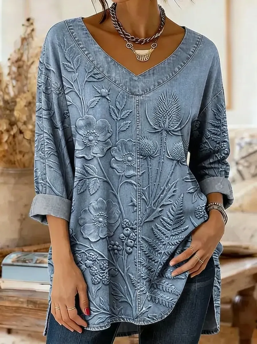 Women's Nashville Floral Botanical Denim Look Printed Top