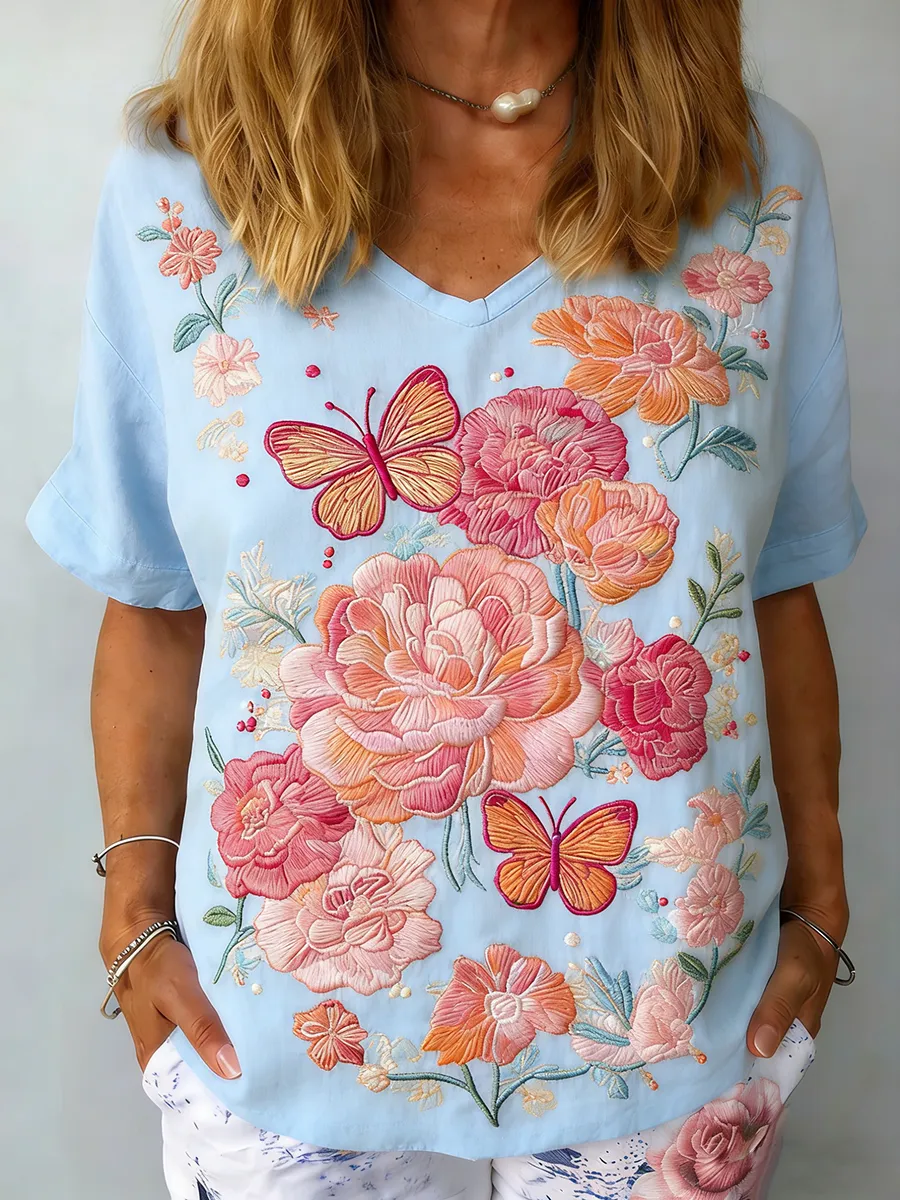 Women's Retro Butterfly Peony Embroidery Art Pattern V-Neck T-Shirt