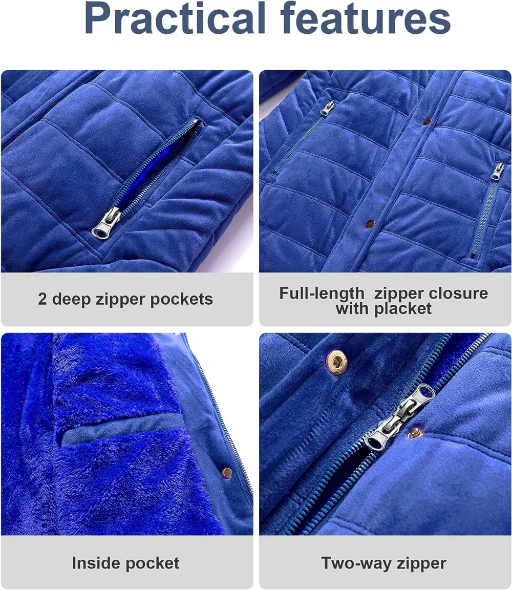 Women's Warm Winter Coat Velvet Puffer Jacket Quilted Faux Fur Hood
