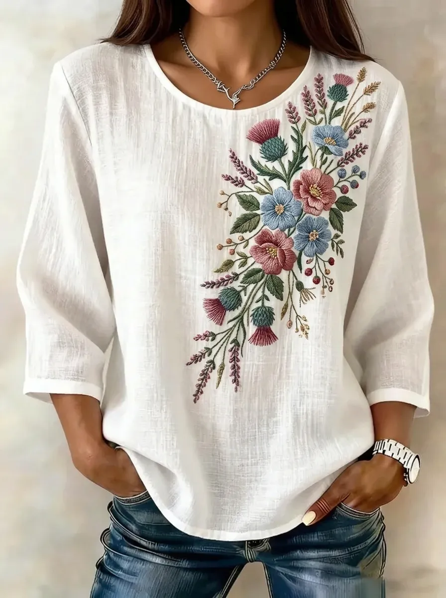 Women's Nashville Floral Thistle Embroidered Printed Top