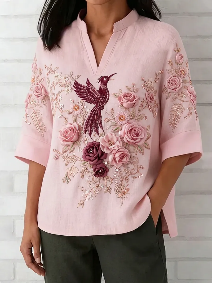 Women's Nashville Phoenix Rose Floral Embroidered Printed Top