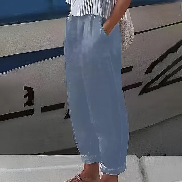 Women's Loungewear Pants Pure Color Linen Casual Wear Plus Size for Spring Summer White Blue S 4XL