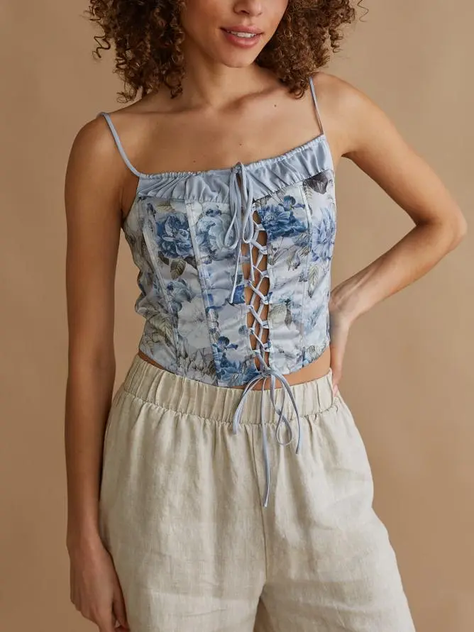 Delphine Lace Up Floral Satin Corset Top