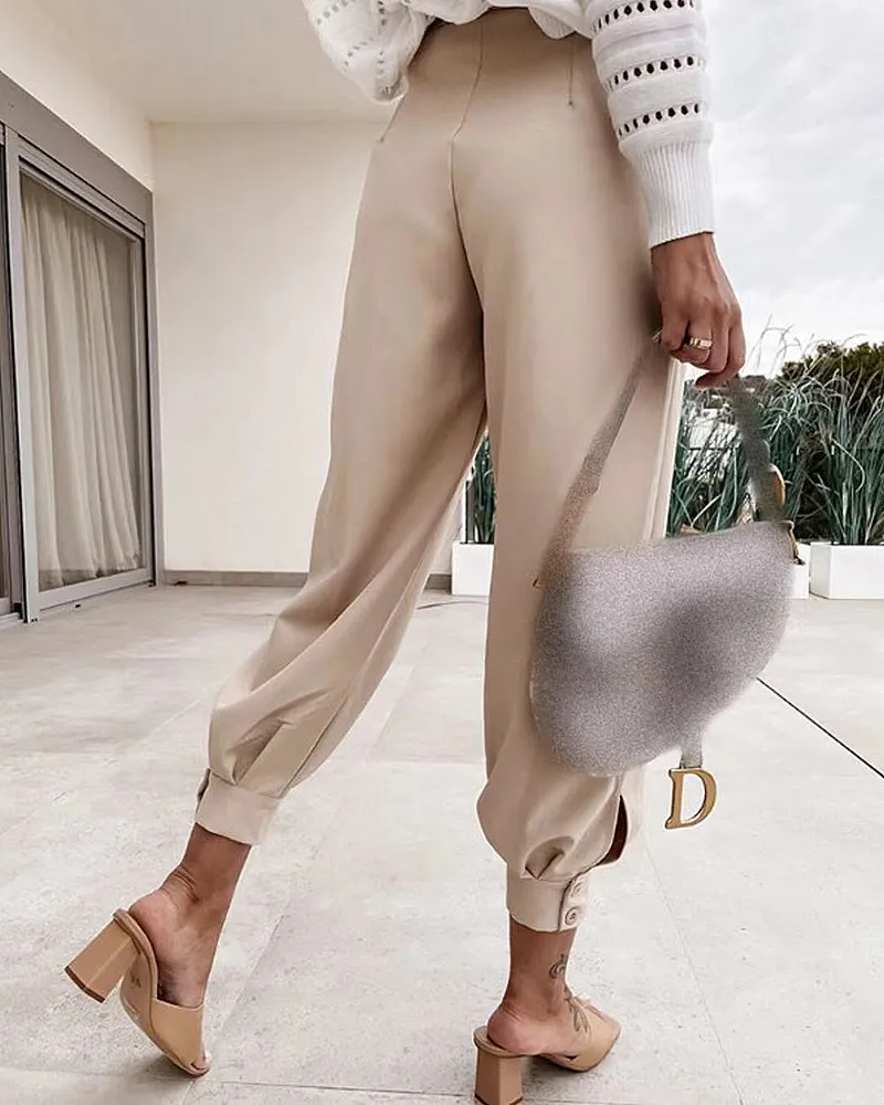 Pleated Detail Button Decor Crop Pants Without Belt